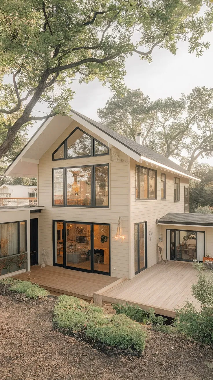 Mid-century modern meets farmhouse charm in this stunning two-story home. The expansive windows and open floor plan create a bright and airy interior, perfectly complemented by the warm beige exterior and black accents. A spacious deck provides the ideal spot for enjoying the surrounding landscape. This home seamlessly blends classic design with contemporary living.