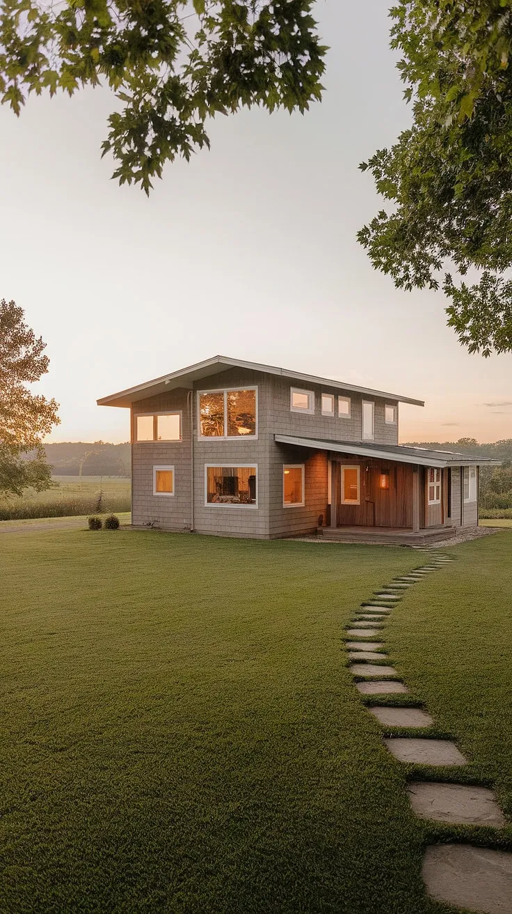 A picture-perfect scene unfolds: a two-story farmhouse with wood siding, bathed in the warm glow of the setting sun. The lush lawn and meticulously crafted stone path invite you to explore this idyllic sanctuary, a place where tranquility reigns supreme. A dream home realized.