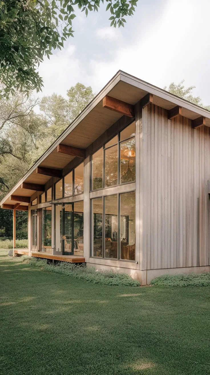 Where modern meets rustic charm. This mid-century modern farmhouse, nestled amongst lush greenery, boasts a minimalist design and expansive windows that bathe the interior in natural light, creating a tranquil and inviting atmosphere. The natural wood exterior perfectly complements the surrounding landscape, offering a serene escape.