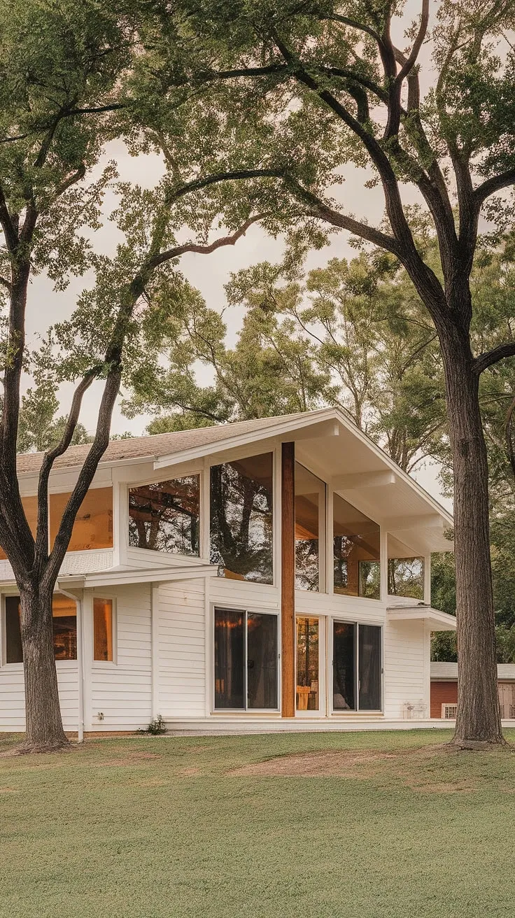 Nestled amongst towering trees, this two-story farmhouse offers a tranquil escape. Its clean lines and whitewashed wood exude a sense of peaceful elegance. A perfect blend of nature and modern living, this home is a sanctuary of understated sophistication.