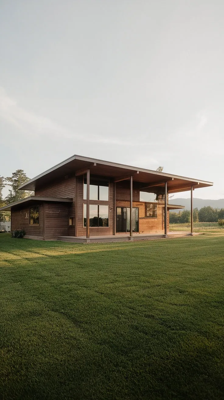 Nestled amidst a picturesque landscape, this two-story farmhouse offers a tranquil retreat. Its dark wood siding and flat roof create a striking silhouette against the vibrant green lawn. A stunning example of mid-century modern design seamlessly integrated with its environment.