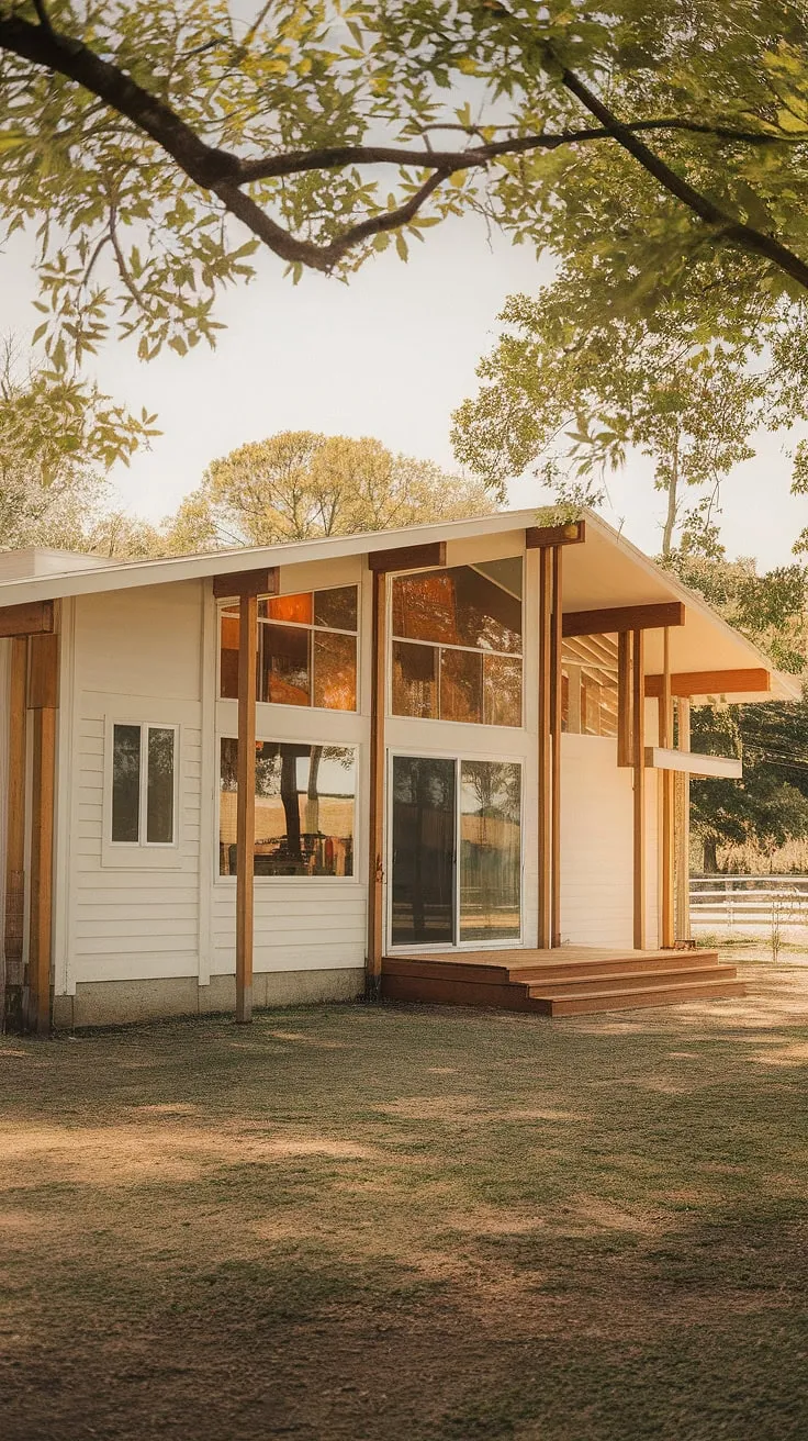This two-story farmhouse, bathed in golden afternoon light, embodies the essence of mid-century modern design. The expansive glass sliding door seamlessly connects the interior with the surrounding landscape, blurring the lines between indoors and out. A testament to thoughtful architecture and sustainable living, it's a home that effortlessly balances form and function.