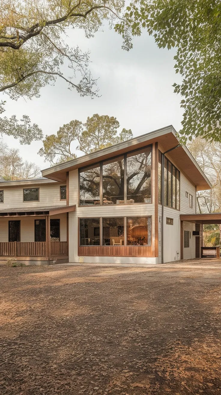 A stunning example of mid-century modern architecture, this two-story farmhouse showcases the beauty of simple elegance. The warm tones of the wood siding and the expansive windows create a welcoming atmosphere. Set on a generous plot of land, surrounded by nature, it's A dream home for those who appreciate both style and space. A place where comfort and sophistication meet.