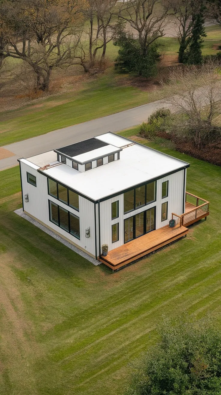 Mid-century modern meets farmhouse charm in this stunning two-story home. The crisp white exterior, black trim, and expansive windows create a timeless aesthetic, perfectly complemented by the lush green lawn and inviting wooden deck. A true testament to classic design, this home offers a peaceful retreat from the everyday, while remaining effortlessly stylish. A perfect blend of form and function, it's a dream come true.