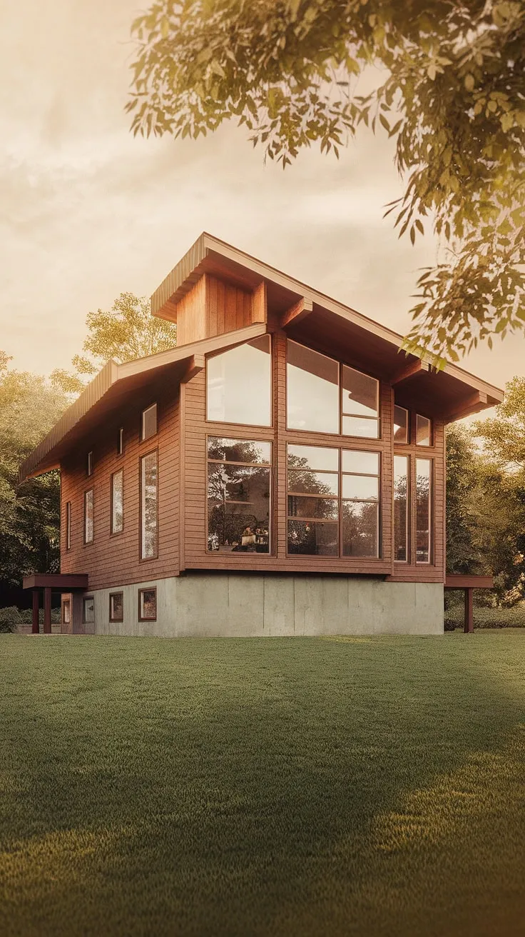 This stunning two-story farmhouse, with its slanted roof and expansive windows, embodies the spirit of mid-century modern design. A perfect blend of rustic charm and contemporary elegance, it sits proudly on its concrete foundation, overlooking a vibrant green lawn. A dream home realized.