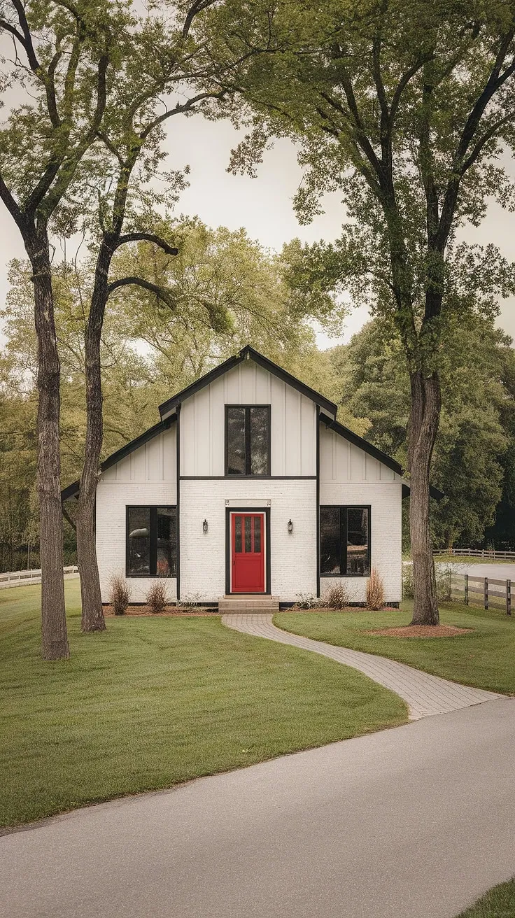 A picture-perfect example of mid-century modern design, this farmhouse boasts clean lines, a welcoming red front door, and a lush green lawn. The black trim provides a striking contrast against the white exterior, creating a visually stunning home. A peaceful retreat, it offers a harmonious blend of indoor and outdoor living. A place to call home.