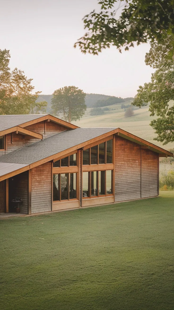 Nestled amongst rolling hills, this mid-century modern farmhouse offers a tranquil escape. The warm wood siding and expansive windows perfectly blend rustic charm with contemporary design, creating a home where comfort and serenity meet. A testament to timeless architecture.