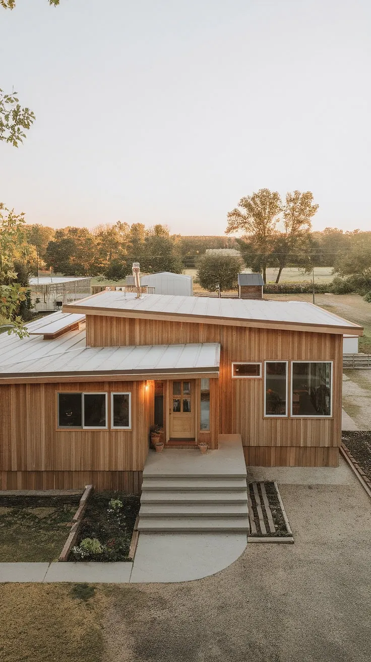 This mid-century modern farmhouse, with its natural wood exterior and expansive windows, perfectly blends minimalist design with the serene landscape. The simple elegance speaks volumes, a testament to timeless architecture. A sanctuary of peace and quiet, it offers a connection to nature and a respite from the everyday.