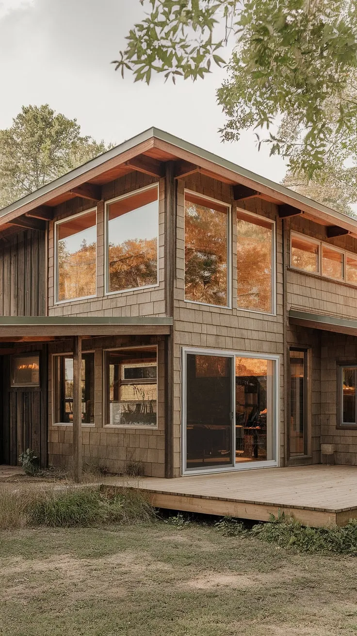This mid-century modern farmhouse, nestled amongst lush greenery, effortlessly blends rustic charm with contemporary design. The expansive windows and sliding glass door invite the outdoors in, creating a seamless transition between the home's interior and its idyllic surroundings. A perfect blend of comfort and style. A true testament to timeless architecture.