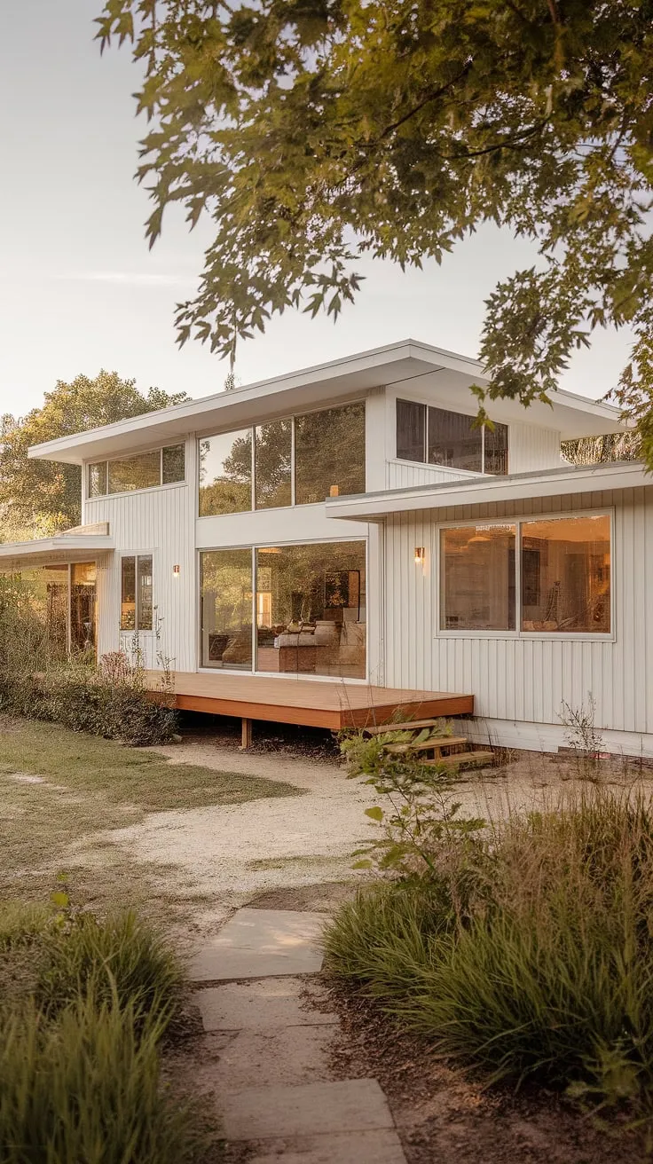 A picture-perfect blend of classic farmhouse charm and sleek mid-century modern aesthetics. This two-story home boasts abundant natural light streaming through its large windows and sliding glass doors, opening onto a welcoming wooden deck. A paved pathway leads to the front door, inviting you into a space where comfort and style meet.