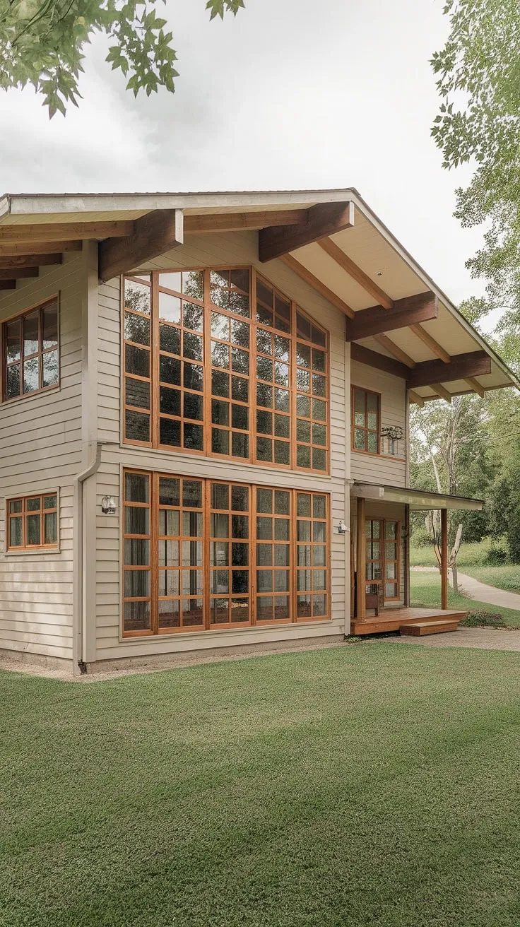 A picture-perfect blend of rustic and modern, this two-story farmhouse boasts a captivating design. The large windows, framed in rich wood, bathe the interior in natural light, while the expansive lawn and surrounding trees offer a tranquil setting. A home where comfort and style seamlessly coexist.