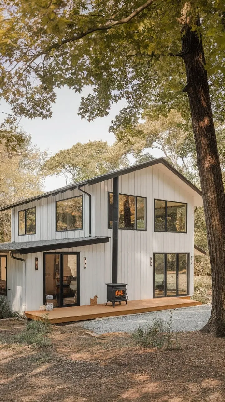 Experience tranquil elegance in this two-story farmhouse, where natural light and thoughtful design harmonize with a cozy wooden deck and inviting wood-burning stove.
