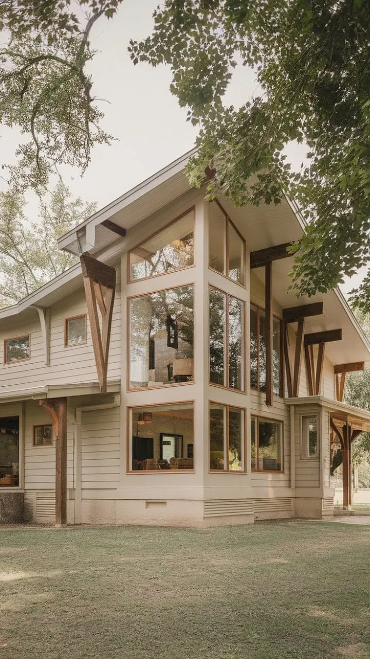 This enchanting two-story farmhouse, with its harmonious blend of wood and glass, offers a tranquil retreat that beautifully integrates with nature while exuding timeless charm.