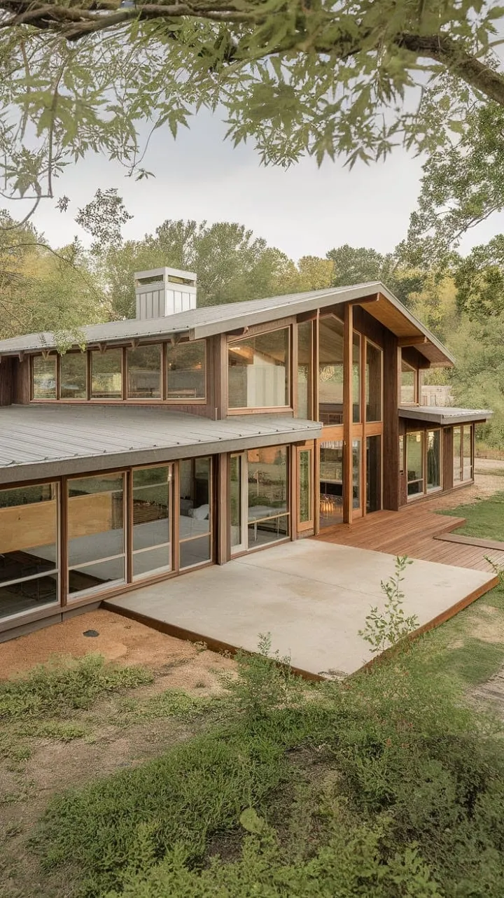 This mid-century modern farmhouse harmoniously blends rustic charm with contemporary elegance, creating a serene oasis of wood, glass, and lush landscaping.
