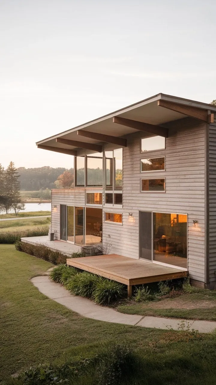 This mid-century modern farmhouse, surrounded by lush greenery and serene waters, seamlessly blends indoor and outdoor beauty, creating a tranquil sanctuary of peace and style.