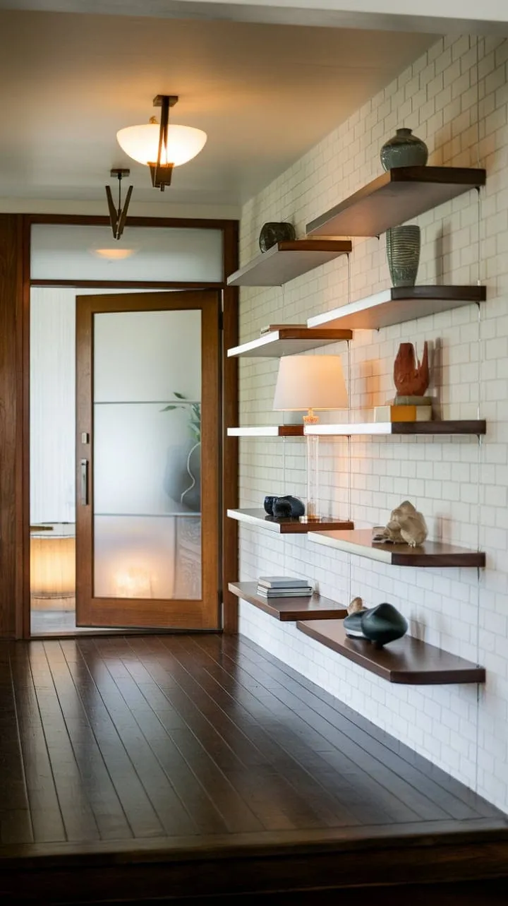 This foyer exudes sophistication with its clean lines, dark wood floors, and striking white walls that elegantly highlight curated decorative pieces.