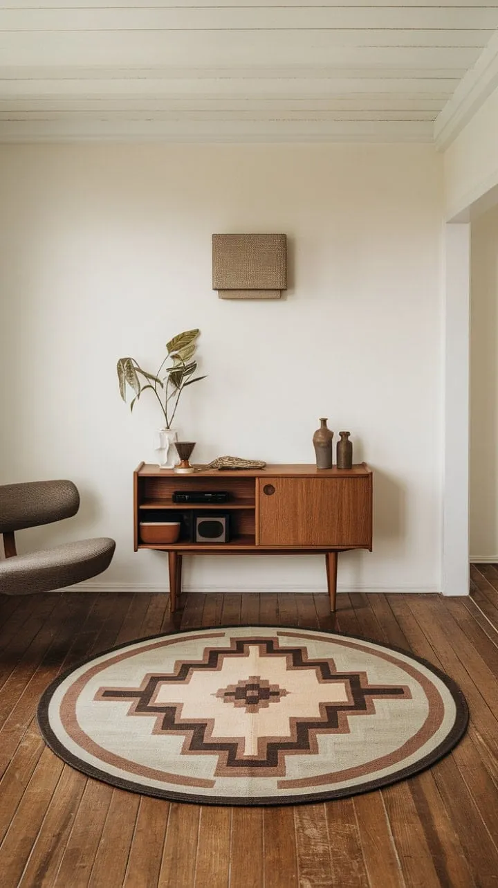 In a light-filled foyer, a harmonious blend of subtle curves and bold geometry creates a captivating focal point that embodies timeless sophistication.