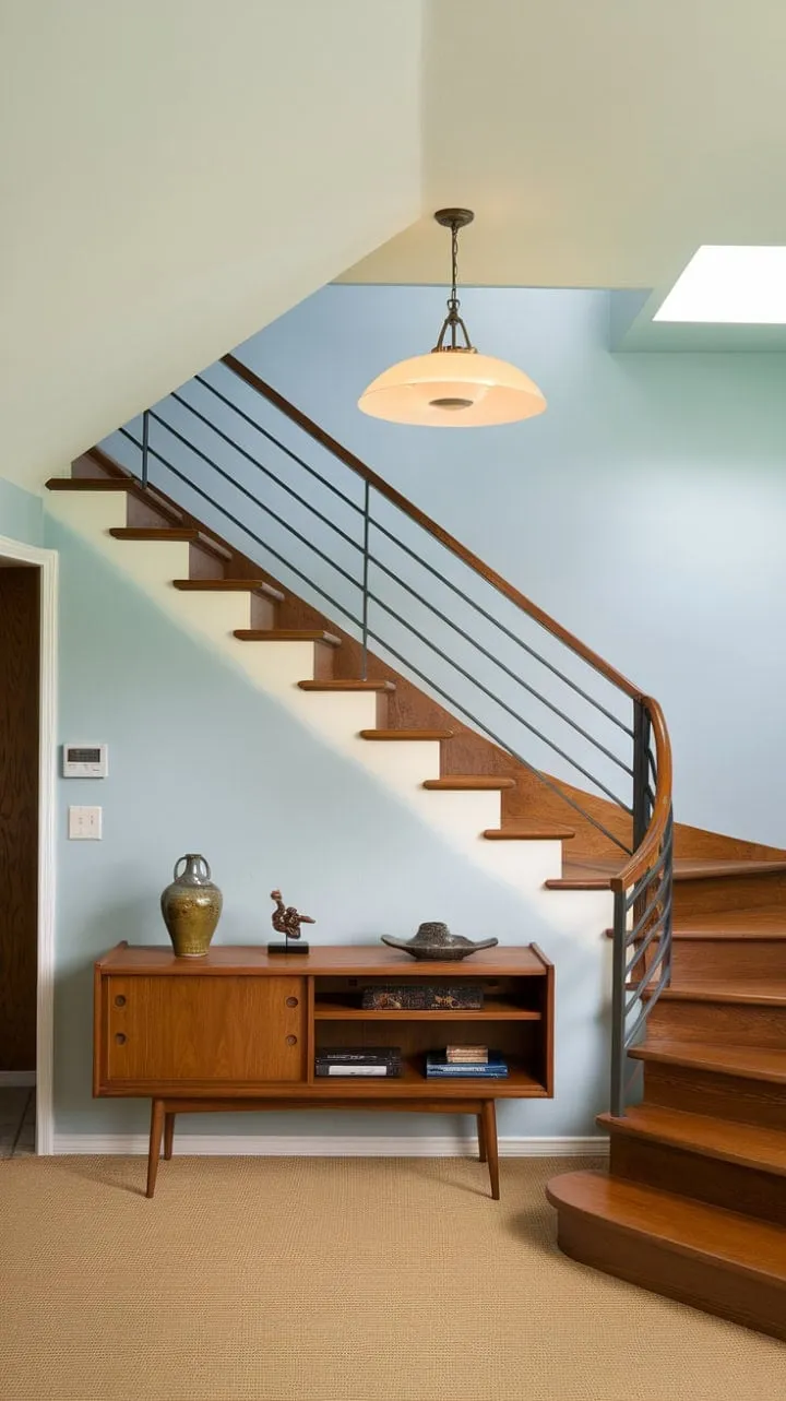 This foyer masterfully reimagines mid-century modern elegance with its inviting ceiling slope, sleek steel railing, and warm pendant light, seamlessly blending form and function.