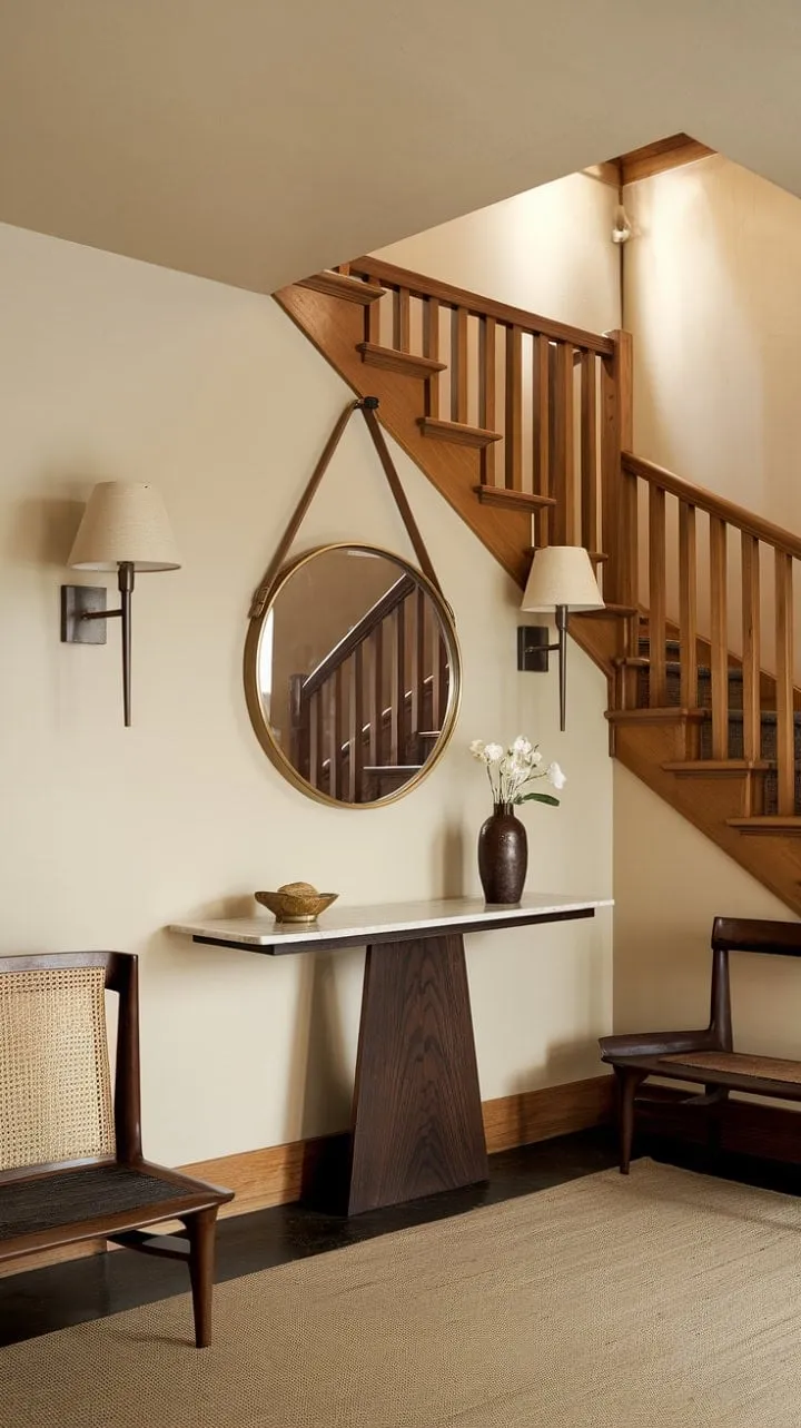 This mid-century modern foyer masterfully blends rich wood and cool marble in a serene beige palette, showcasing how simple details can create captivating elegance.