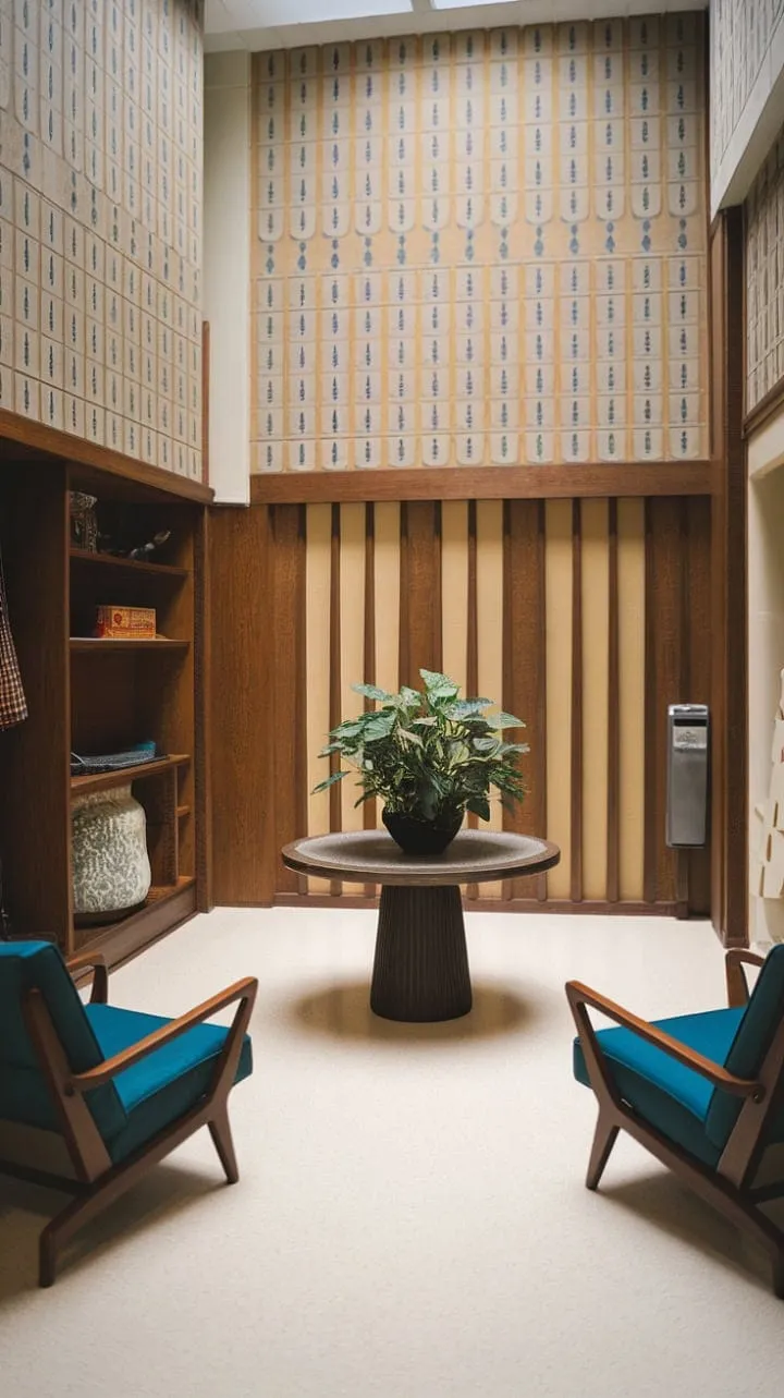 This airy foyer beautifully showcases a curated collection of mid-century pieces, where patterned walls and light flooring create a vibrant, welcoming entryway infused with life and classic design.