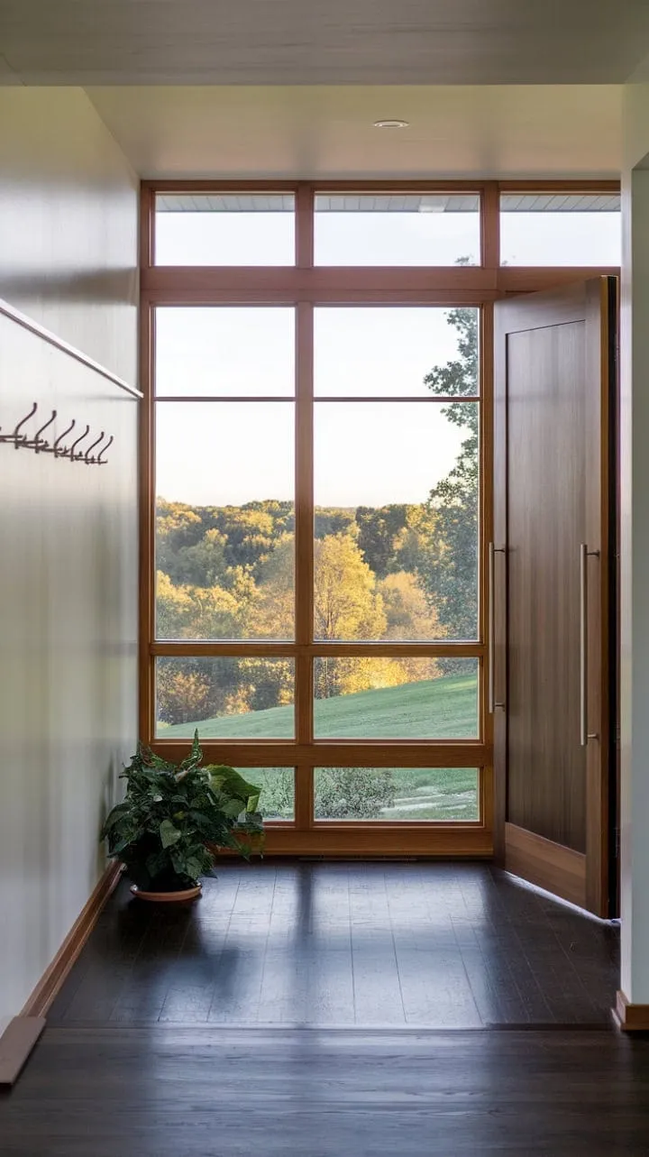 Bathed in sunlight, this mid-century modern foyer elegantly highlights its rich wood floors and tranquil views, inviting a moment of reflection on the beauty of simplicity.