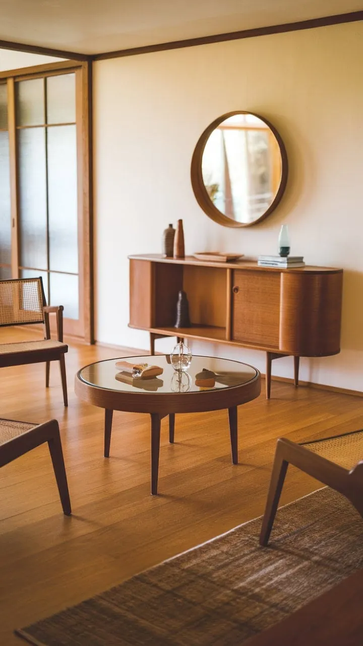 The sun-drenched foyer exudes a serene charm with its warm wood tones and mid-century elegance, highlighted by thoughtfully curated details that embody a timeless aesthetic.