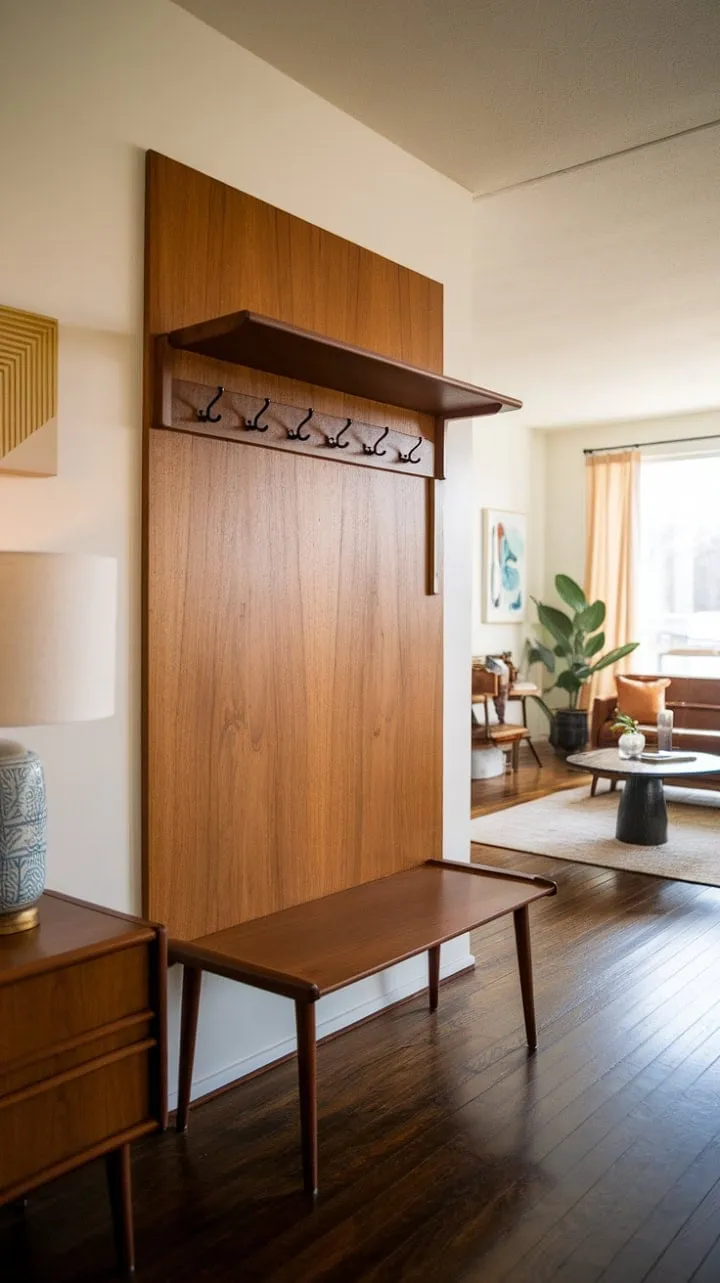 This foyer exemplifies understated elegance, where dark wood and mid-century modern furniture harmonize with seamlessly integrated coat racks to elevate everyday design.