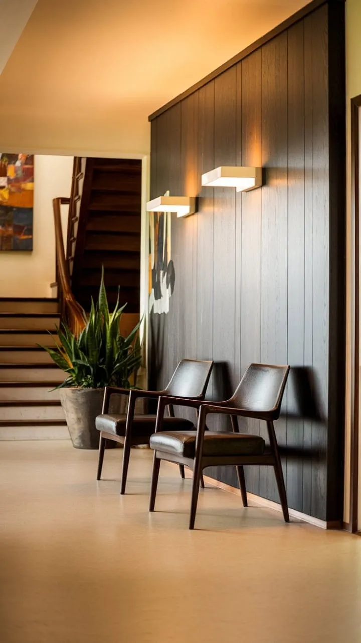 In this mid-century modern foyer, warm light dances on polished floors, highlighting rich wood accents and inviting chairs that create a serene backdrop for art and an elegant staircase, embodying the essence of sophisticated home design.
