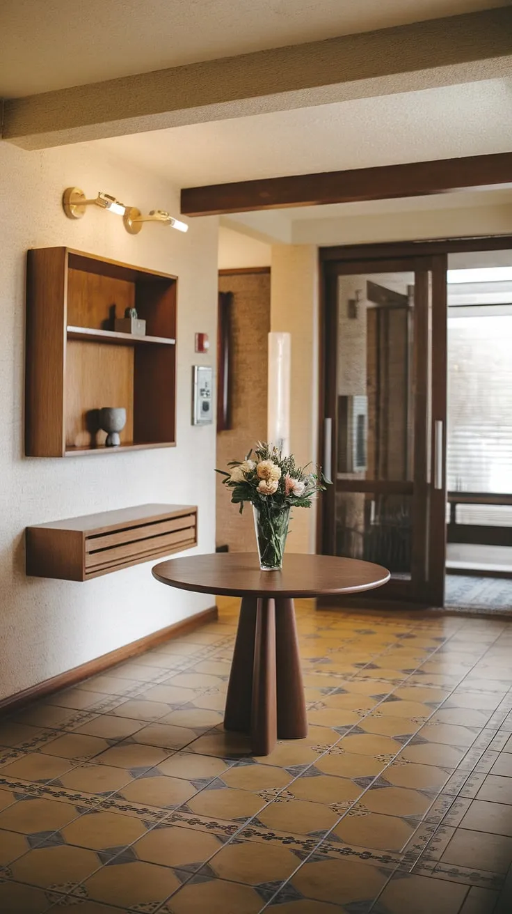 This mid-century modern foyer is a study in understated elegance. A carefully chosen palette of warm tones, textured walls, and geometric tile flooring create a welcoming ambiance. A round wooden table, a vase of flowers, and a few carefully selected decorative items on the shelf complete the scene, showcasing the beauty of simple, functional design. A true testament to timeless style.