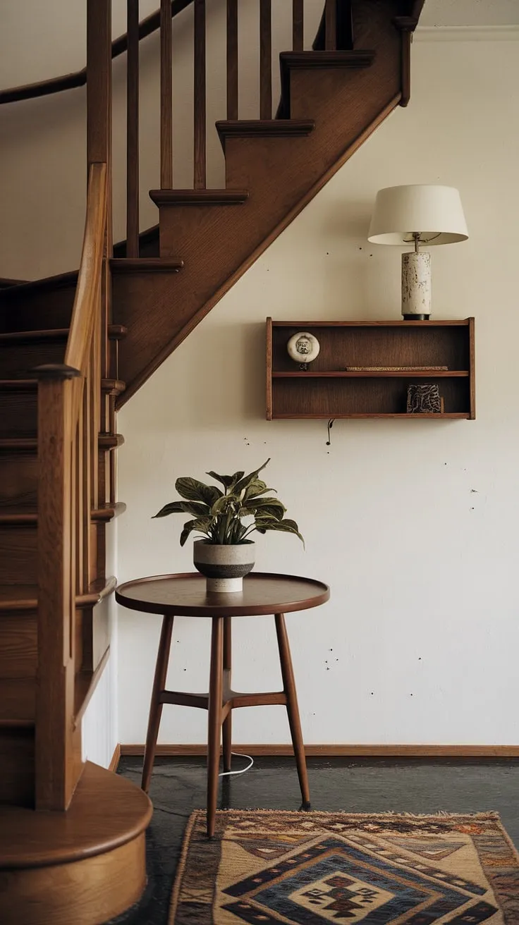 Stepping into this mid-century modern haven, one is immediately struck by the harmonious blend of textures and forms. The wooden staircase, the round table, and the wall-mounted shelf all contribute to a sense of understated elegance. A few strategically placed nails hint at the home's lived-in charm, while the soft lighting casts a warm glow across the patterned rug, creating a truly inviting entrance.