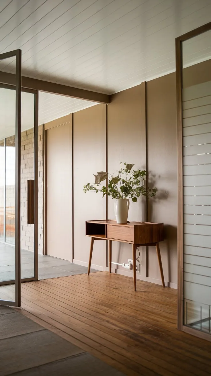 This mid-century modern foyer is a study in understated elegance. Natural light floods the space, highlighting the rich textures of the wooden floor and console table. A touch of greenery in a simple white vase adds a refreshing pop of life, completing the tranquil ambiance of this welcoming entryway. The clean lines and neutral palette create a sense of calm and sophistication.