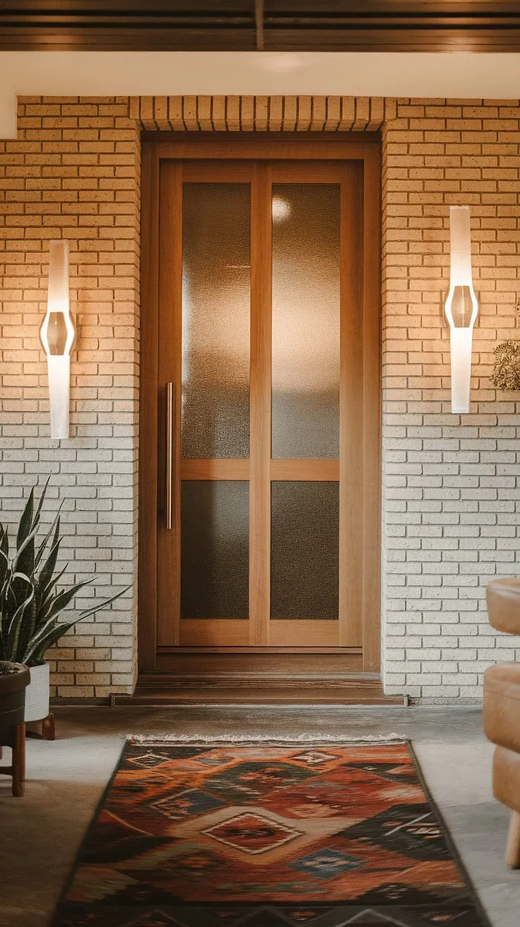 A sanctuary of calm awaits. The exposed brick wall adds character to this mid-century modern foyer, while the wooden door and warm lighting create a sense of understated luxury. A perfect blend of textures and tones, this space is a testament to simple elegance. A welcoming entryway that sets the tone for the entire home.