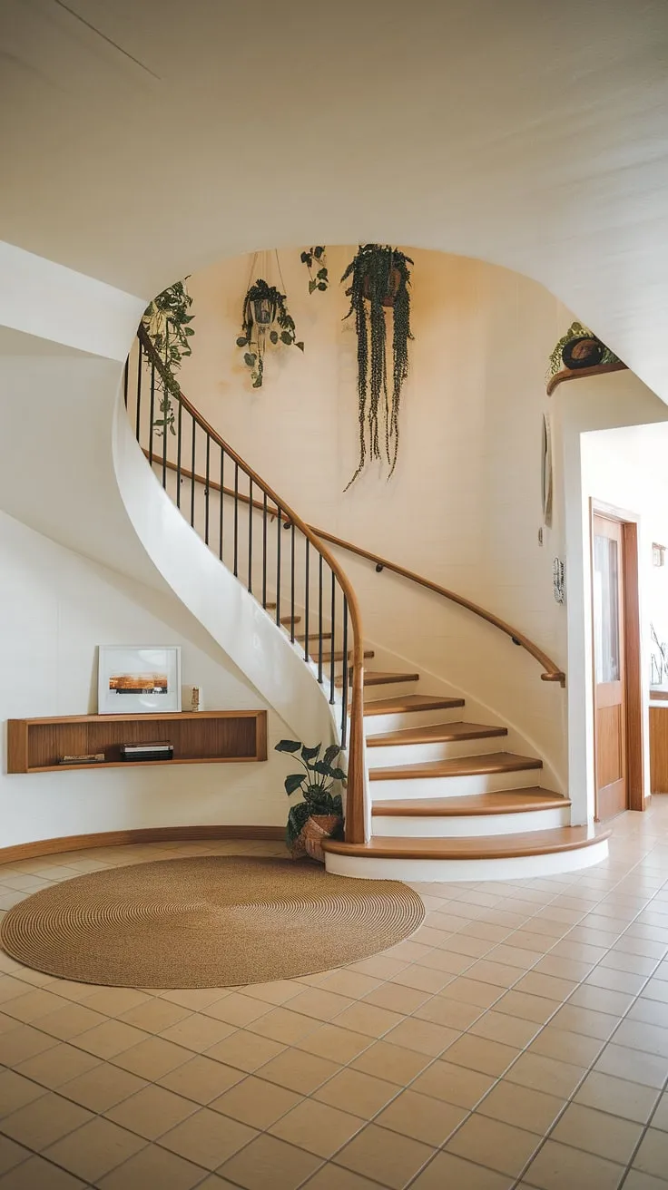 Sunlight streams through the high windows of this mid-century modern foyer, illuminating the gracefully curved wooden staircase and its warm, inviting aura. The tiled floor, round rug, and thoughtfully placed plants create a welcoming atmosphere, a perfect blend of form and function. A simple wooden shelf adds a touch of personality.