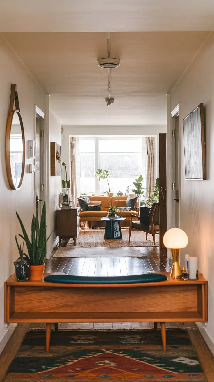 Step into mid-century modern bliss. The warm wood of the entryway, bathed in natural light, sets the tone for a home filled with curated style and comfortable living. A perfect blend of form and function, this space effortlessly welcomes you in.
