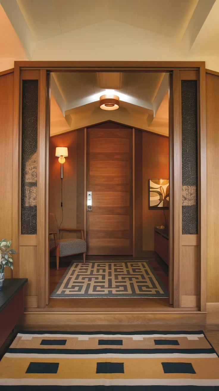 Step into a world of mid-century modern elegance. The warm hues of the walls and ceiling, complemented by the geometric rug and the rich wood of the entryway, create an inviting atmosphere. A perfectly placed chair offers a moment of respite before venturing further into this stylish home.