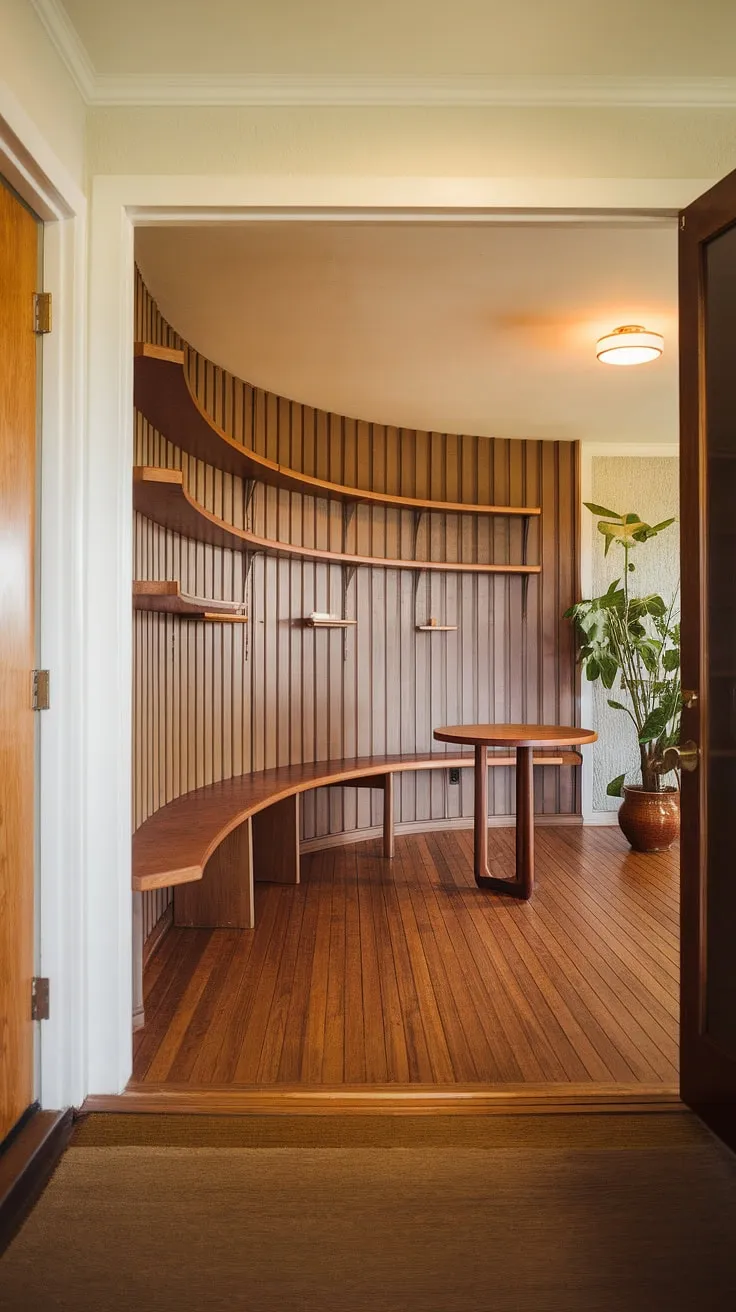 Warm light spills across the polished wood floors of this mid-century modern foyer, highlighting the graceful curve of the built-in shelving and the inviting round table. A potted plant adds a touch of nature to this perfectly balanced space, showcasing the era's appreciation for clean lines and functional design. The contrast between the white and wooden doors adds a subtle yet sophisticated touch.