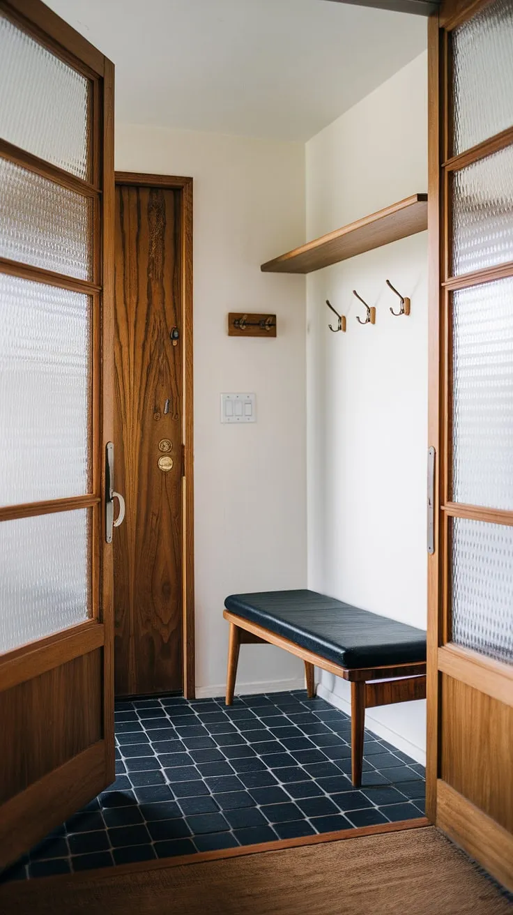 Step into a world of mid-century modern elegance. The black and white checkered floor, the warm wood tones of the bench and door, and the simple yet stylish storage solutions create a welcoming and timeless entryway. A perfect blend of form and function, this foyer is a testament to classic design.