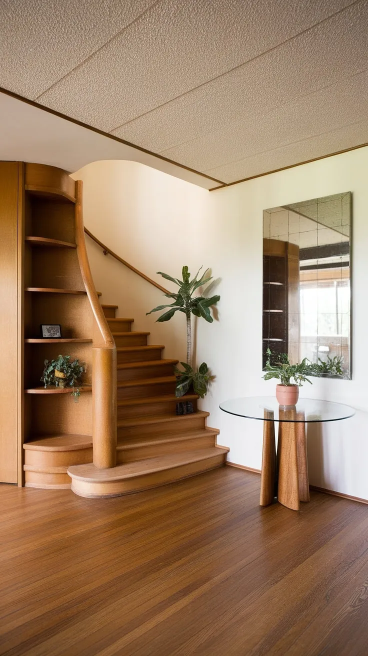 Mid-century modern design at its finest. The curved staircase, textured ceiling, and built-in wooden shelving create a warm and inviting entrance, perfectly complemented by the strategically placed greenery and a touch of reflective elegance from the large mirror. A timeless aesthetic that effortlessly blends form and function.