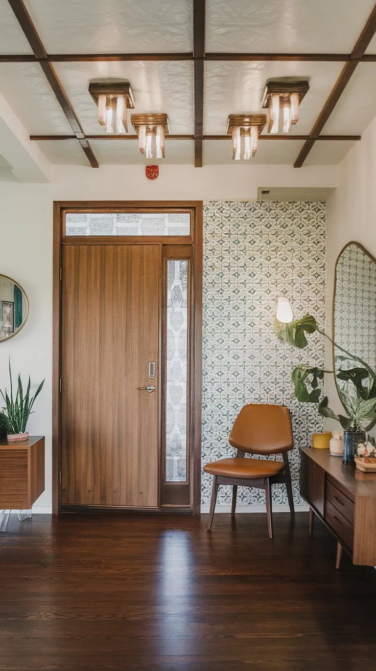 This mid-century modern foyer is a study in understated luxury. The carefully curated details, from the patterned tile wall to the thoughtfully placed plant, create a welcoming and stylish entryway. A space where classic design meets contemporary comfort.