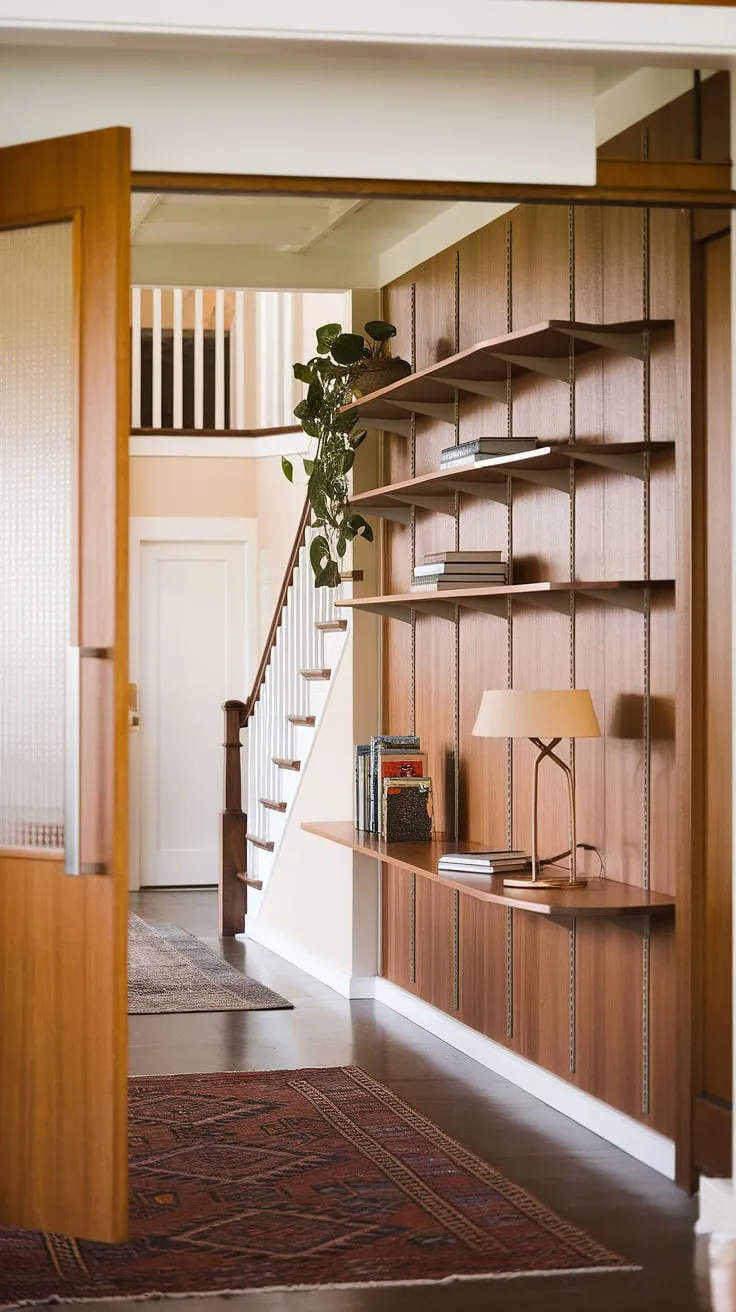 This mid-century modern foyer is a study in understated luxury. The built-in shelving, showcasing a curated collection of books and a vibrant plant, adds personality and warmth. A simple yet striking design, this space demonstrates how thoughtful details-like the choice of rug and lighting-can elevate a home's entryway. A space that invites you to linger.