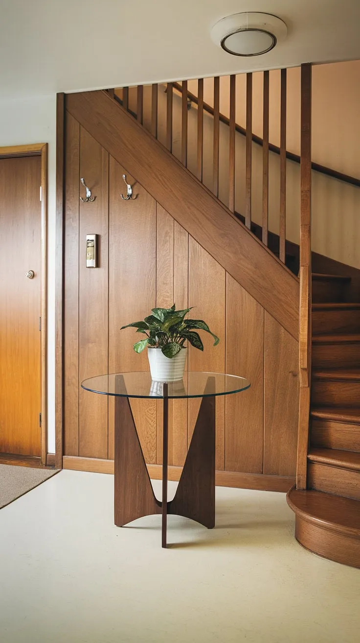 Step into a world of mid-century modern elegance. The warm wood tones of the staircase and paneling, complemented by the clean lines of the glass-topped table and a touch of greenery, create a welcoming and sophisticated entryway. A perfect blend of form and function, this foyer sets the tone for the home's timeless appeal.