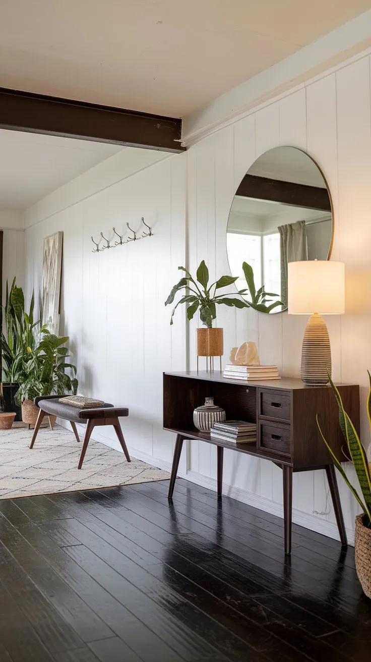 This mid-century modern foyer is a study in understated elegance. The dark wood flooring and simple white walls provide a neutral backdrop for the carefully chosen accents: a stylish console table, a large round mirror reflecting the light, and a few thoughtfully placed plants. The overall effect is one of calm sophistication and welcoming warmth; a perfect first impression for any home.