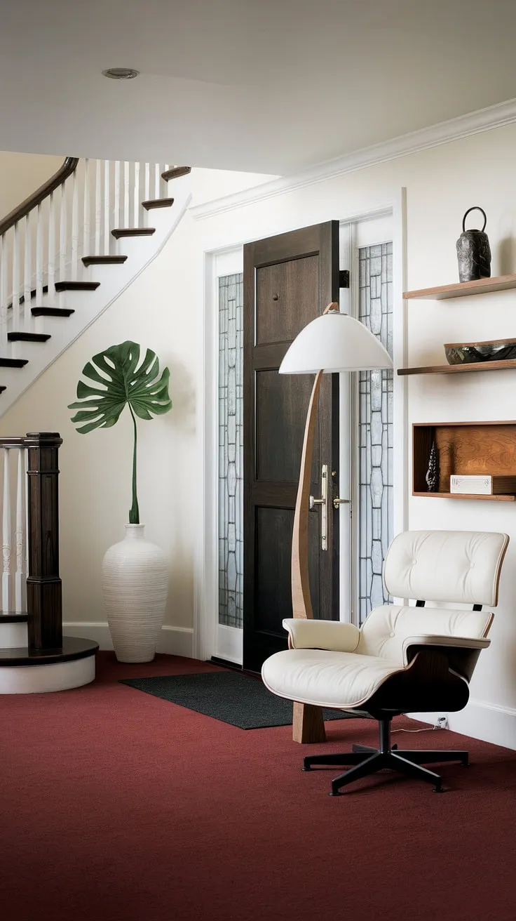 This mid-century modern foyer is a study in contrasts: the crisp white walls and entryway are beautifully balanced by the deep red carpet and dark wood door. A simple yet stylish chair and lamp create a welcoming atmosphere, while the carefully chosen décor adds a touch of personality to this stunning space.