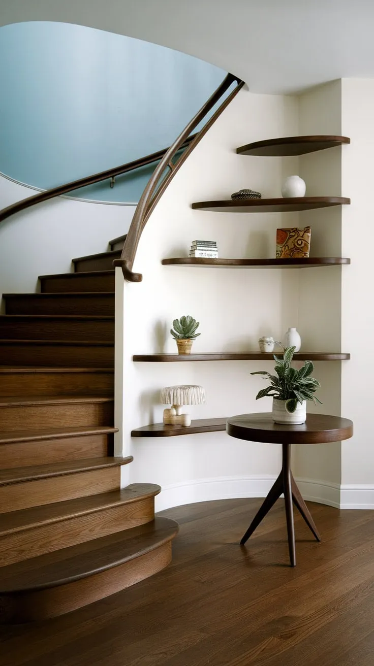 The gentle curve of the staircase, the warm glow of the wood, and the calming blue wall create a mid-century modern foyer that's both stylish and inviting. A perfect blend of form and function, the built-in shelves and round table add to the space's effortless elegance. A true testament to timeless design.