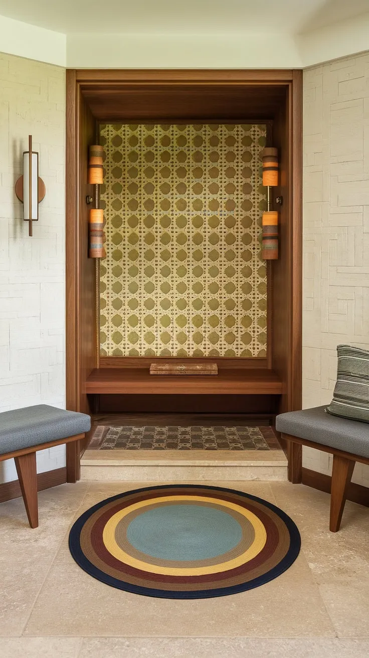 Step into mid-century modern elegance. The warm wood tones of the entryway, complemented by the patterned wall and circular rug, create a welcoming atmosphere. A comfortable bench invites you to pause and appreciate the thoughtful design.