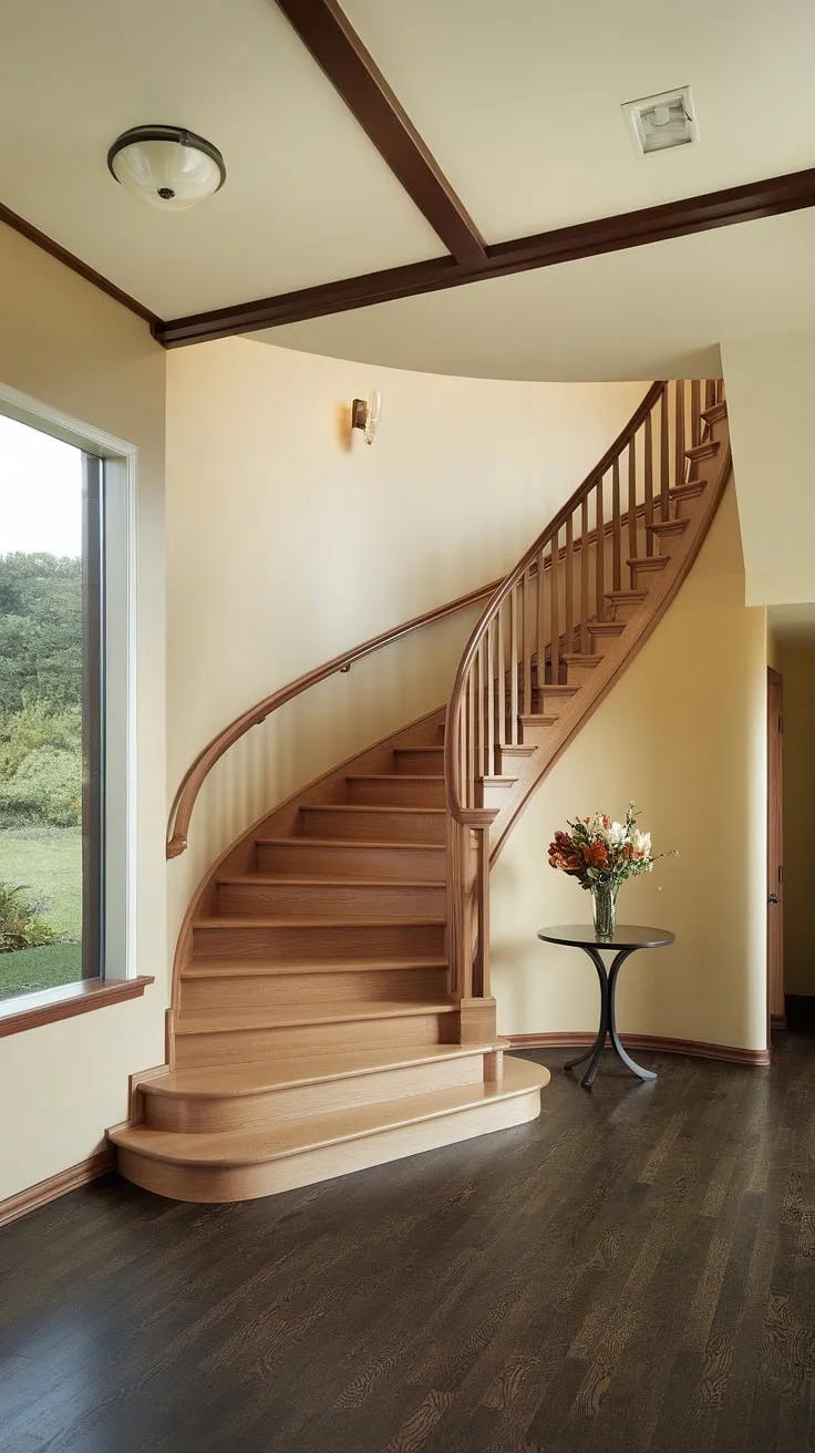 Step into serenity. The gentle curve of the staircase, the warm glow of the wood, and the view beyond-this mid-century modern foyer is a testament to timeless elegance. A perfect blend of architectural grace and tranquil ambiance, it's a space where everyday moments feel extraordinary. A welcoming entryway, a peaceful retreat, a home filled with light and warmth.