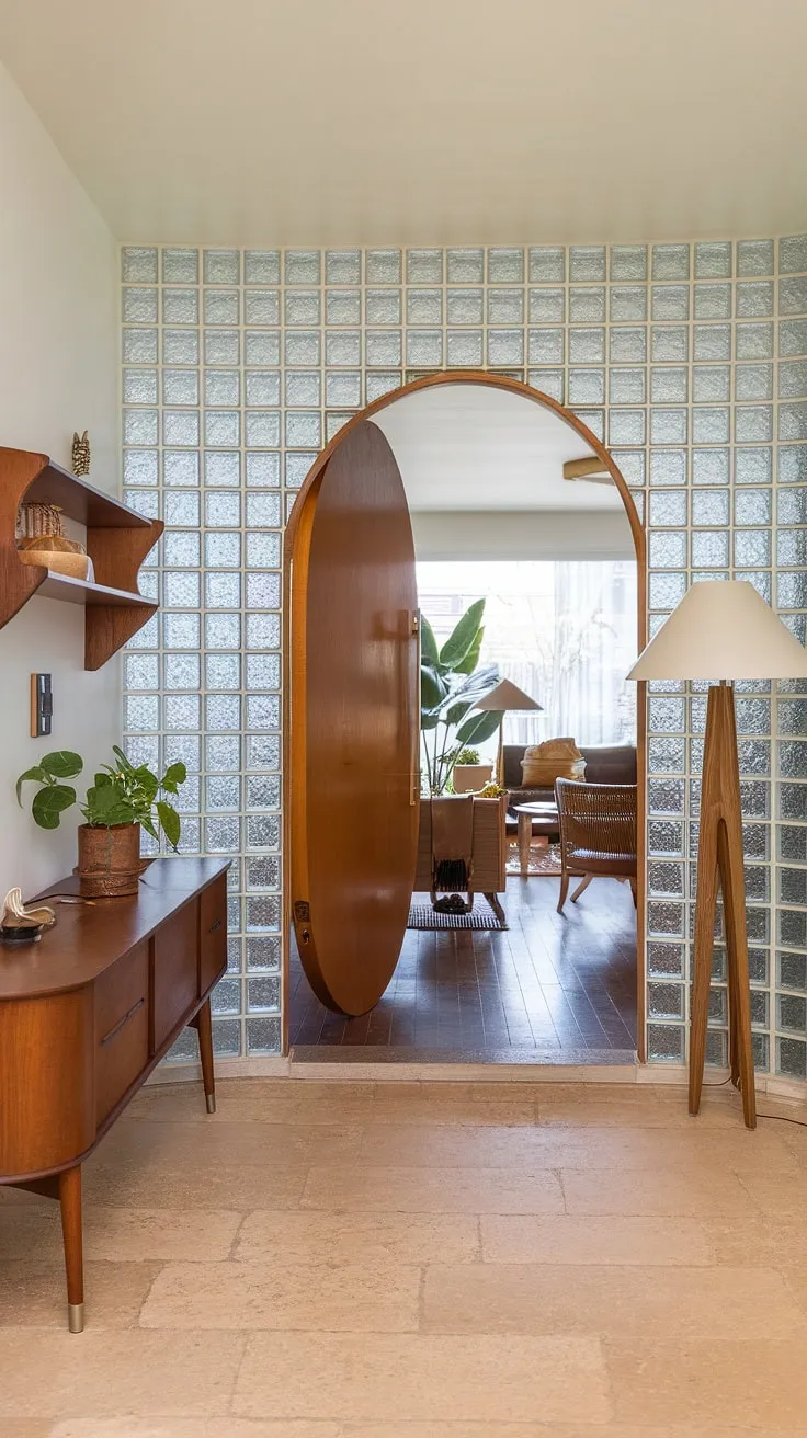 Step into a world of mid-century modern elegance. The warmth of the circular wooden door, the cool glow of the glass brick wall, and the subtle textures throughout create a welcoming and sophisticated entryway. A perfect blend of form and function, this space effortlessly transitions from the foyer to the inviting living area beyond.
