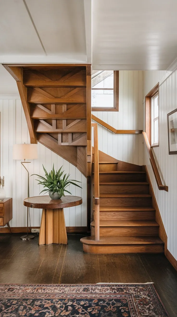 The geometric lines of the mid-century modern staircase, crafted from rich wood, draw the eye upward, creating a dramatic focal point in this airy foyer. A simple round table, a vibrant plant, and a warm lamp add touches of organic life and inviting ambiance to the space. The high ceilings and dark wood floors complete the sophisticated design.