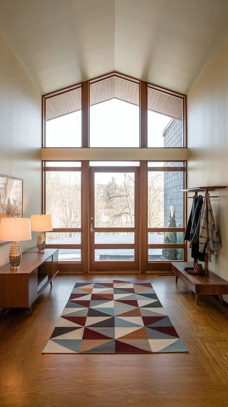 Sunlight streams through the large windows of this stunning mid-century modern foyer, illuminating the rich wood floors and the vibrant geometric rug. A carefully chosen console table and coat rack complete the look, showcasing a refined aesthetic that effortlessly blends functionality with A sophisticated sense of style. The space feels both grand and intimate, a perfect blend of form and function.