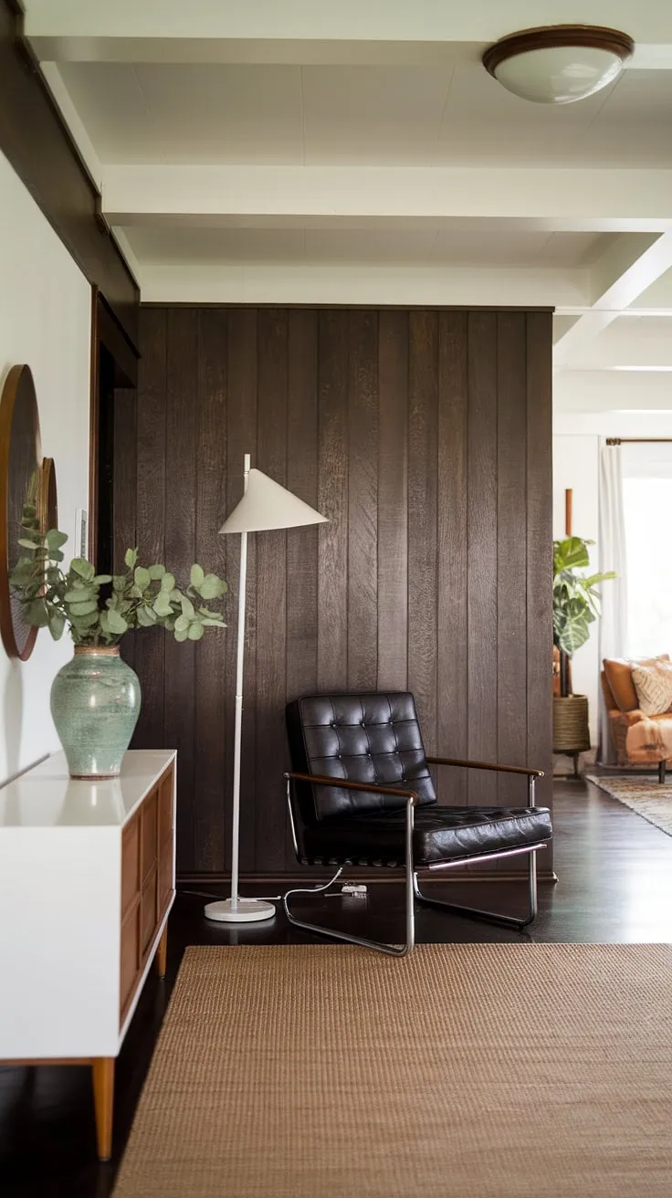 Step into a world of refined mid-century modern design. The rich dark wood paneling creates a dramatic backdrop for the airy white ceiling and minimalist furniture, a perfect blend of textures and tones. A quiet sanctuary awaits.